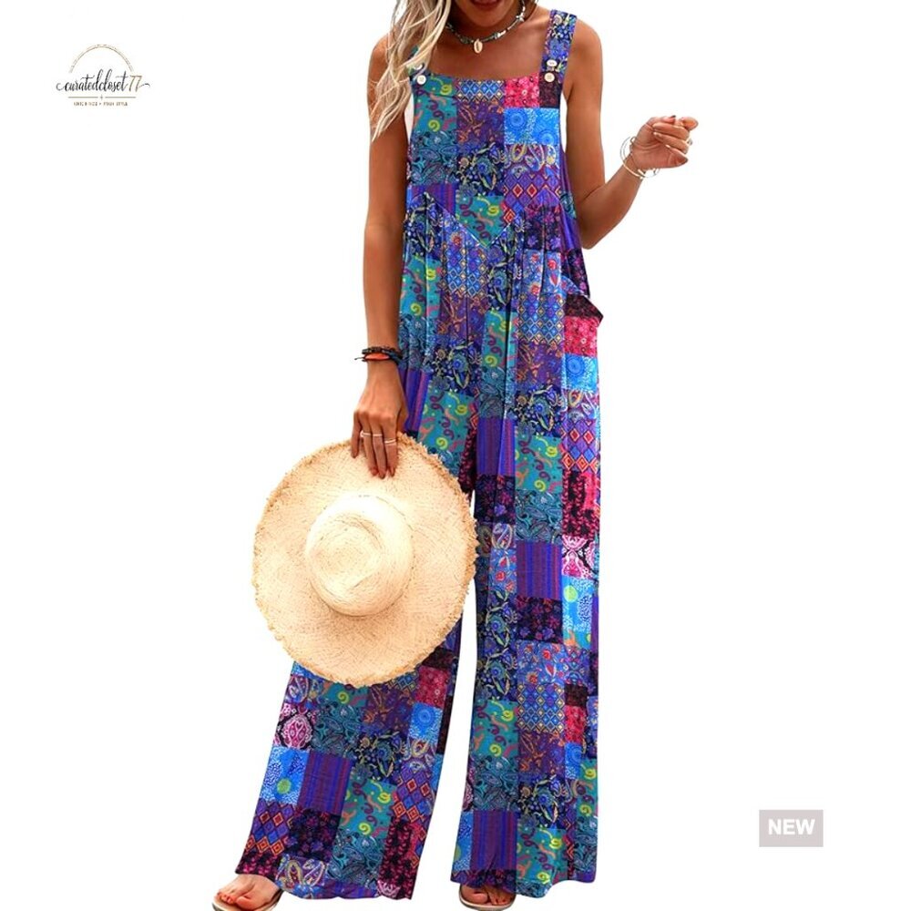 Large Loose Fit Jumpsuit with Pockets, Adjustable Straps, Polyester Spandex